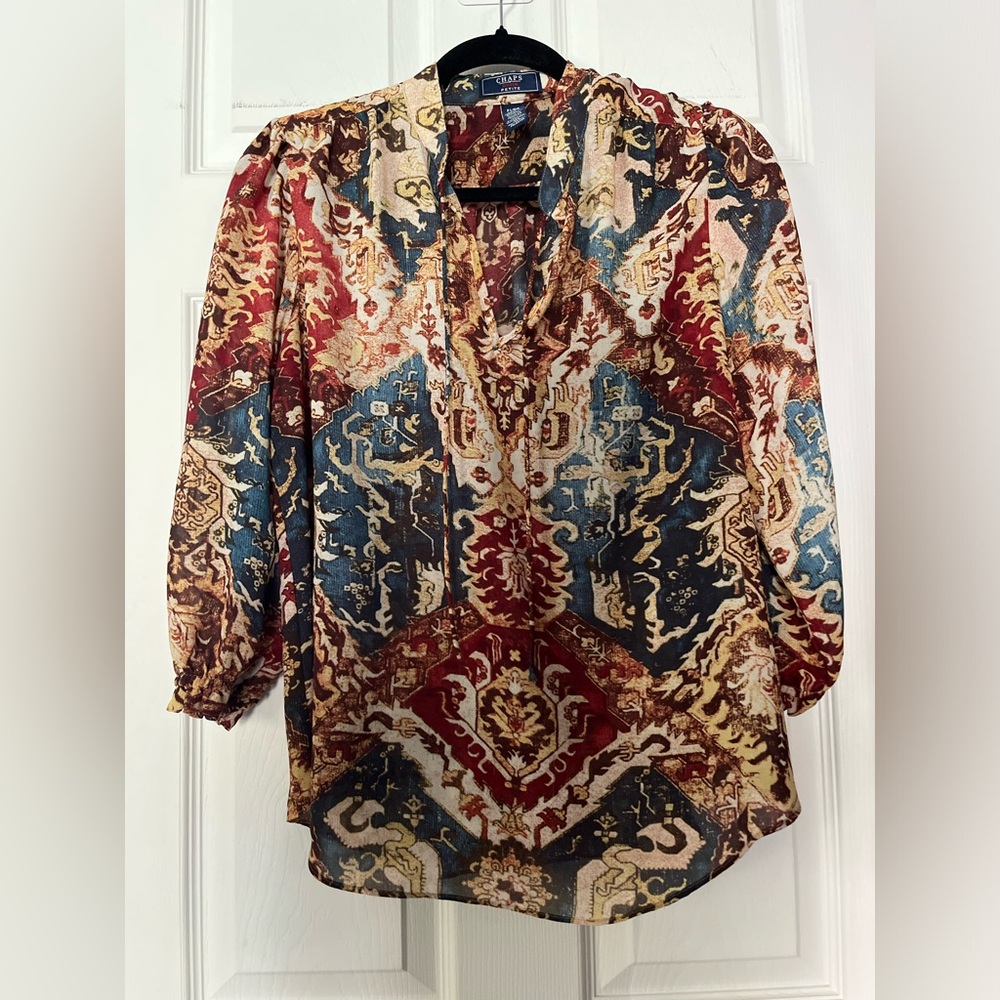 Chaps Multicolor Printed V-Neck Blouse in Burgundy, Blue & Cream